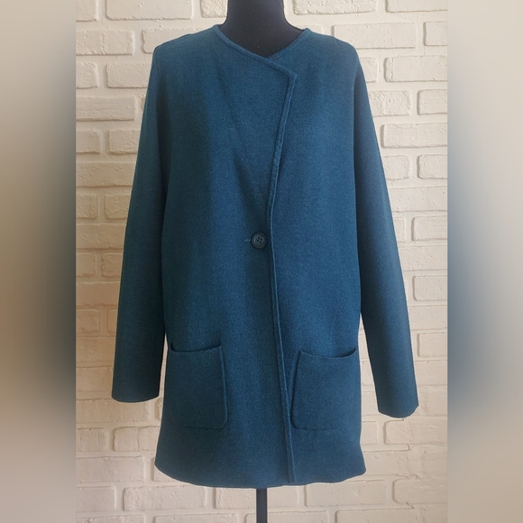 Catherine Malandrino Teal Knit Midi Cardigan Jacket Blazer Wool Blend Medium - Picture 3 of 12